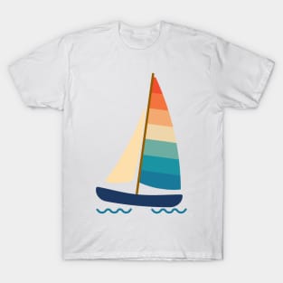 Beach Catamaran sailboat in summer. Retro 70s and 80s color style on white background. T-Shirt